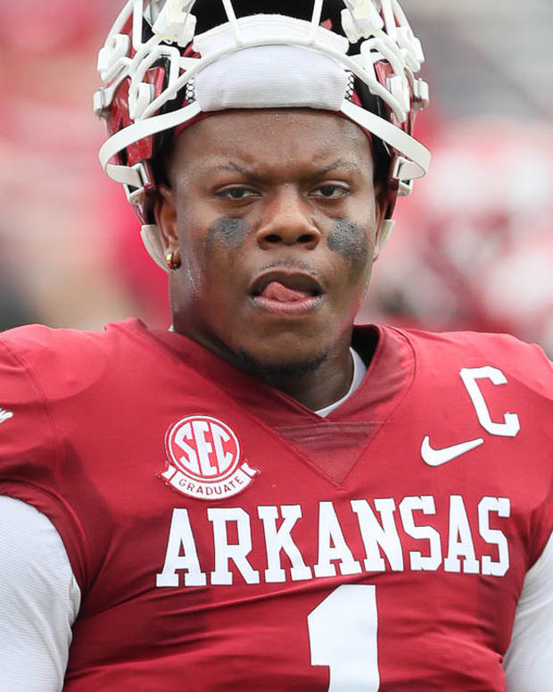 Razorbacks quarterback KJ Jefferson before game with Western Carolina in Little Rock